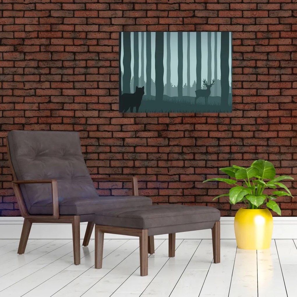 Tablou - Cerb cu lup pe stânci (70x50 cm)