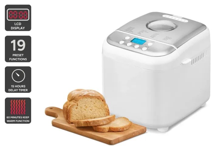 Masina de facut paine Crown CBM-6511, 600W, 1L, 19 programe, Timer, Afisaj LCD, Memorie, Alb
