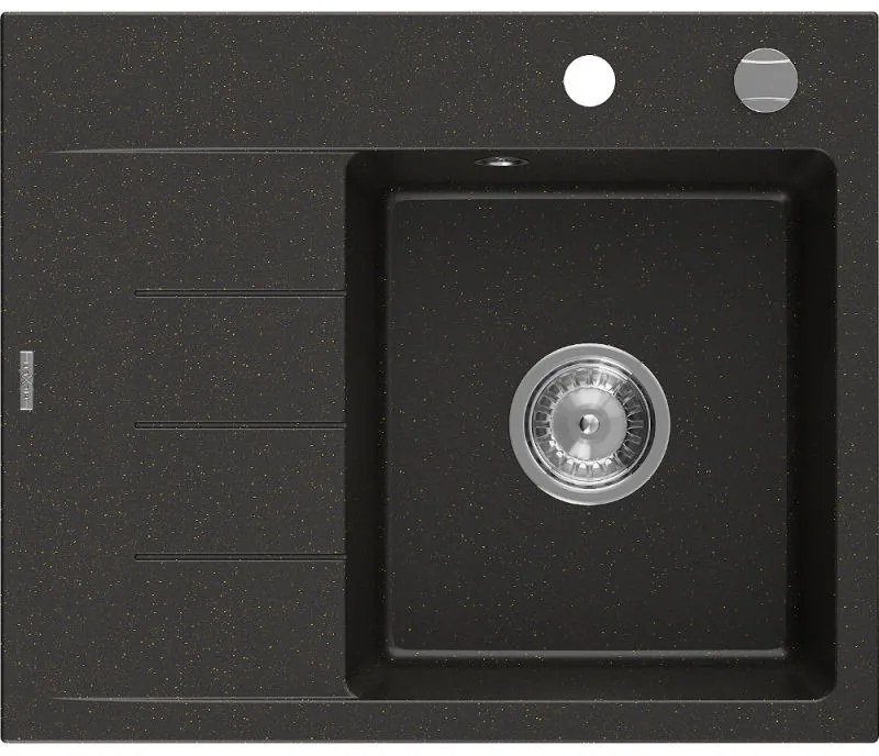 Mexen Ben chiuvetă granit 1-camerală cu scurgător dreapta 600 x 500 mm, negru/auriu metalizat, sifon cromat - 6523605000-75