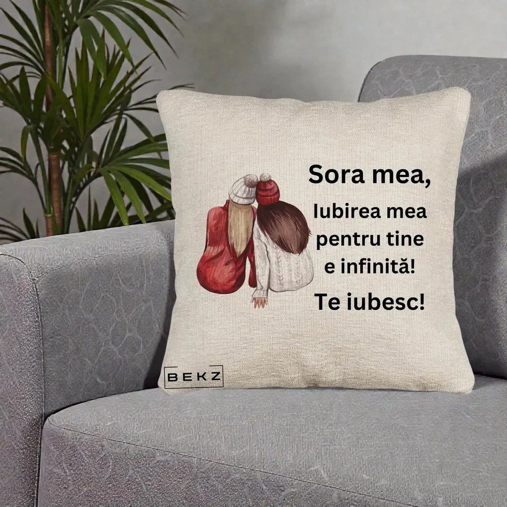 Cadou pentru Sora - Perna Personalizata Sora Mea Te Iubesc Doua Fete Iarna Acuarela, 40x40 cm, Bej Canapea, Husa Detasabila, Perna Inclusa, BEKZ®