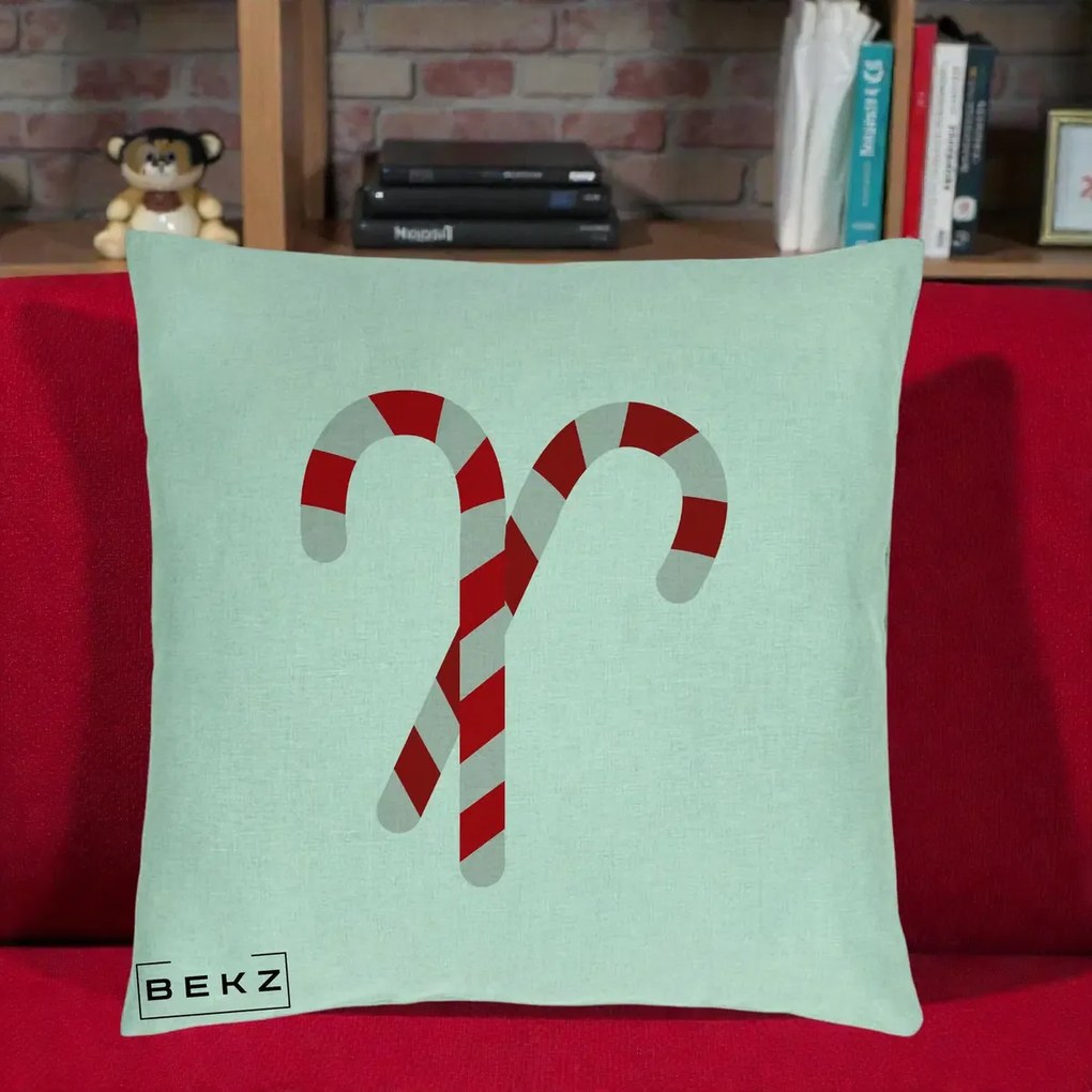 Perna Decorativa Candy Cane de Craciun, 40x40 cm, Verde Menta, Husa Detasabila, Perna Inclusa, BEKZ®