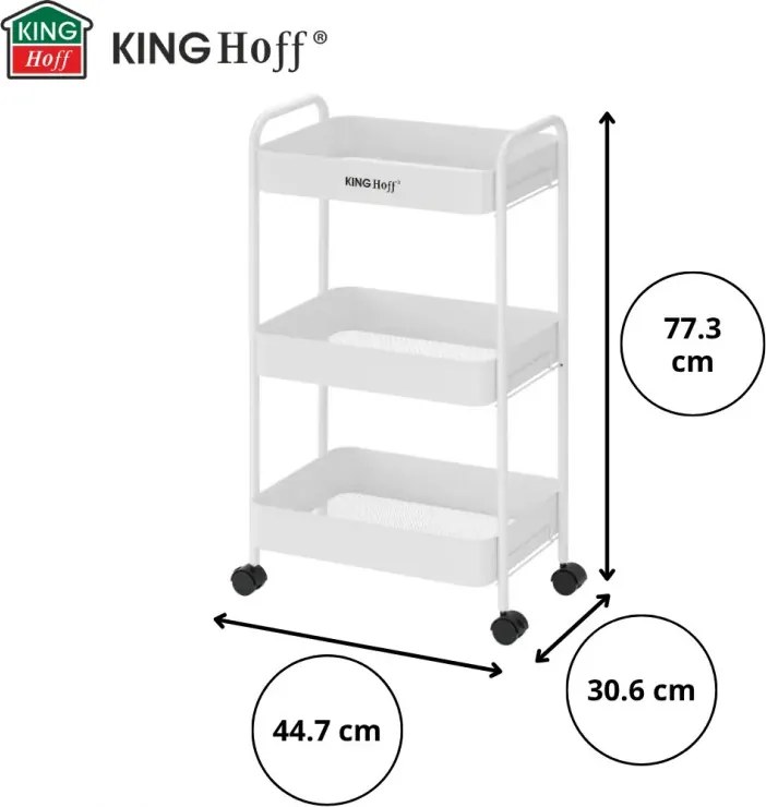 Raft mobil Kinghoff KH 1942, 3 niveluri, 4 roți pivotante 360 grade, alb