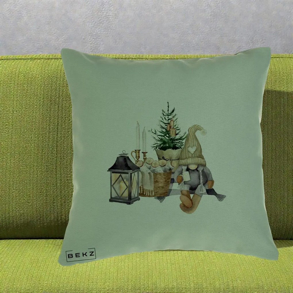 Perna Decorativa Gnom Scandinav cu Felinar, 40x40 cm, Verde, Husa Detasabila, Perna Inclusa, BEKZ®