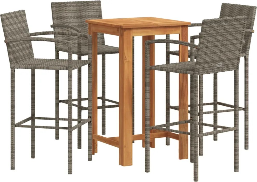 vidaXL Set bar de grădină, 5 piese, gri, lemn masiv acacia/ poliratan