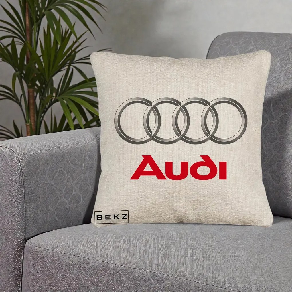 Perna Personalizata cu emblema Audi, 40x40 cm, Bej Canapea, Husa Detasabila, Perna Inclusa, BEKZ®