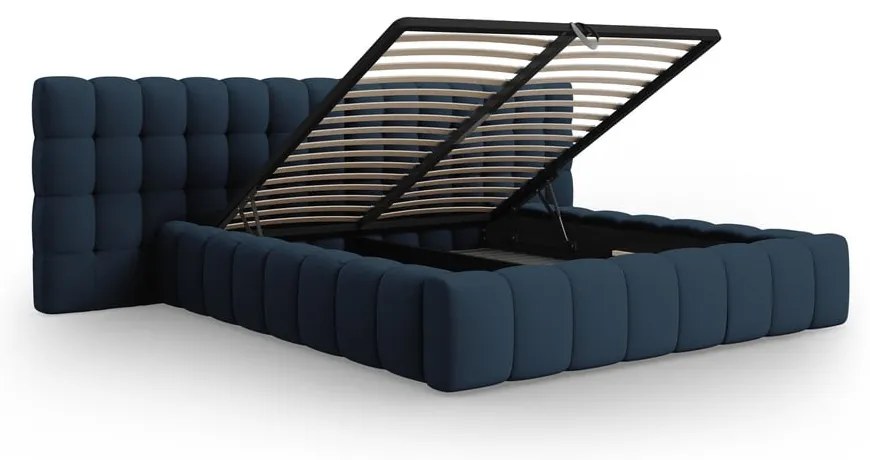 Pat matrimonial albastru închis tapițat cu spațiu de depozitare cu somieră 180x200 cm Mamaia – Micadoni Home