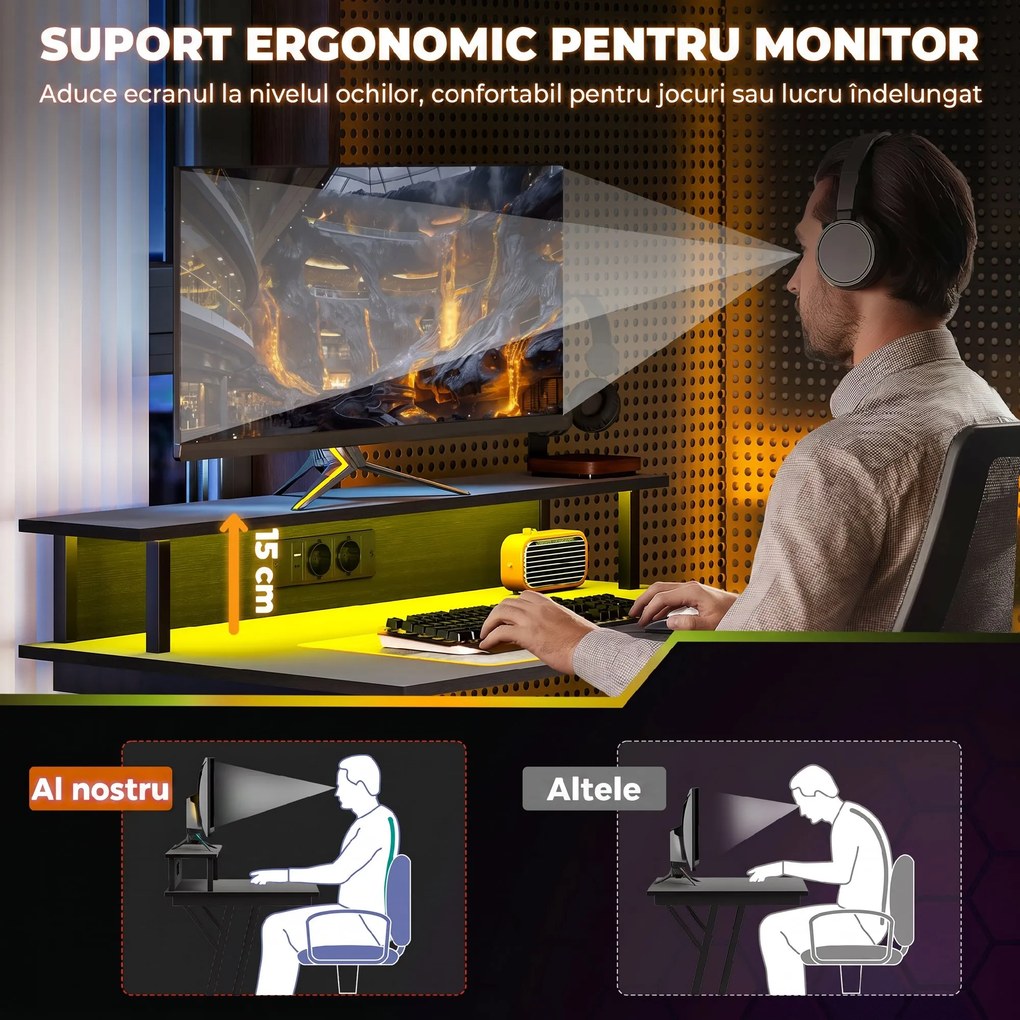HOMCOM Birou de Gaming cu Lumini LED și Suport pentru Monitor, Masă Gaming cu Port USB și TYPE C, 100x60x88,5 cm, Negru | Aosom Romania