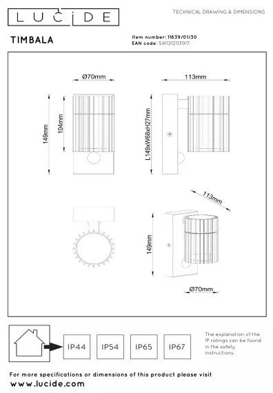 Lucide 11839/01/30 - Aplică de perete Ven cu senzor TIMBALA 1xGU10/7W/230V IP44