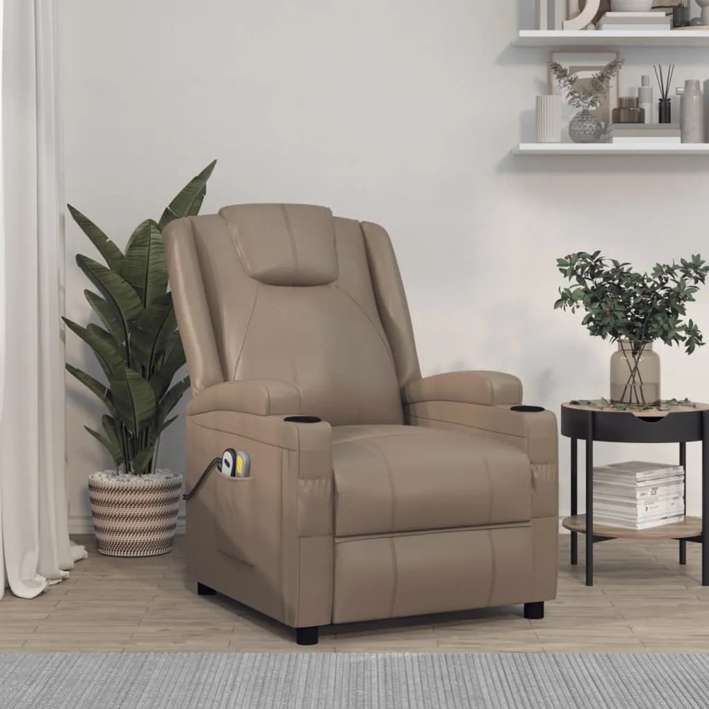 3100335 vidaXL Fotoliu masaj cu ridicare verticală, cappuccino piele ecologică