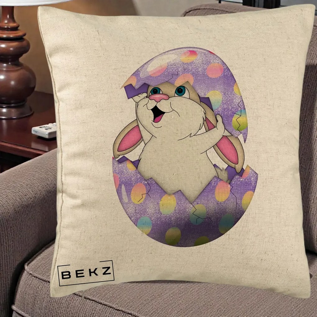 Perna Decorativa Iepuras din Ou de Pasti, 40x40 cm, Bej, Husa Detasabila, Perna Inclusa, BEKZ®