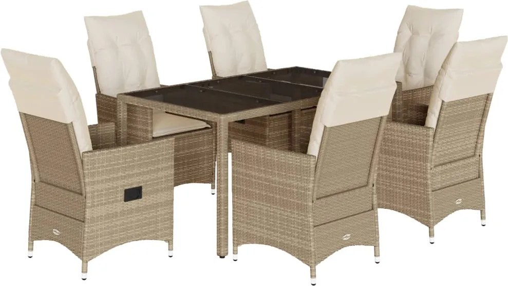 vidaXL Set de masă pentru grădină, 7 piese, cu perne, bej, poliratan