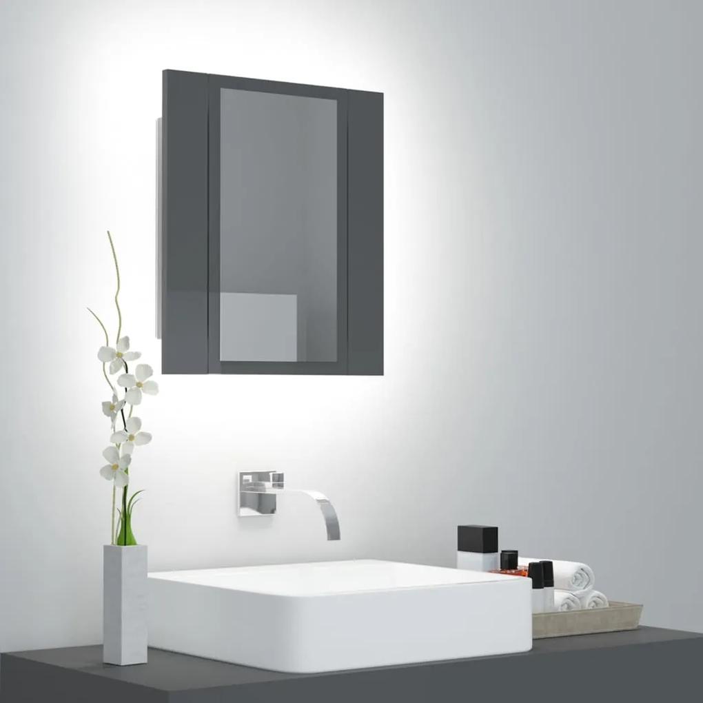 Dulap de baie cu oglindă &amp; led, gri extralucios, 40x12x45 cm