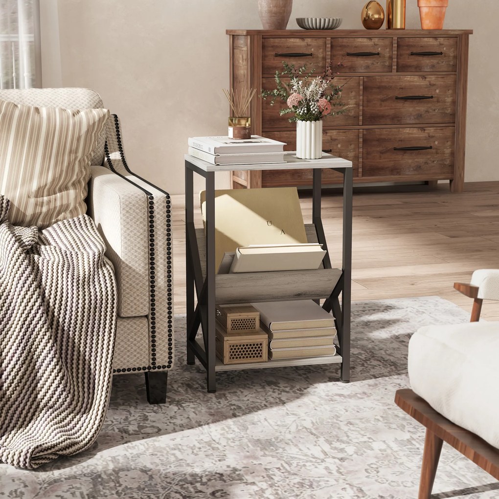 HOMCOM Masă laterală îngustă, măsuță de lângă canapea cu depozitare pe 3 nivele, suport pentru reviste în V, cadru din oțel, 40x30x61cm, gri închis | Aosom Romania