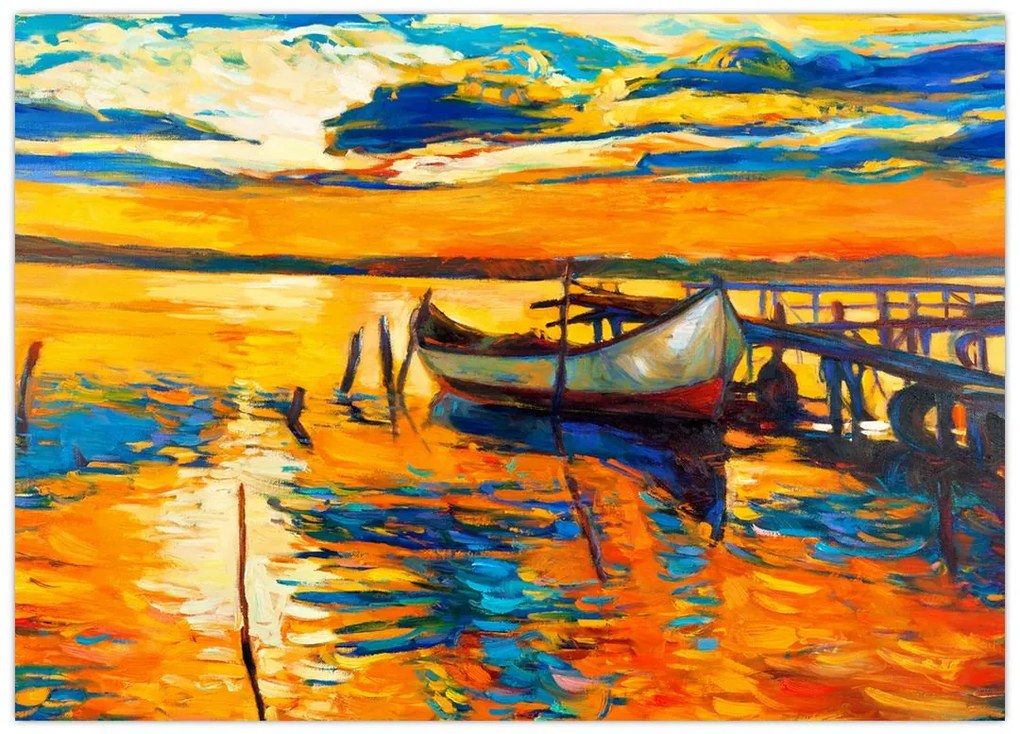 Tablou pe sticlă - Barca la apus de soare (70x50 cm)