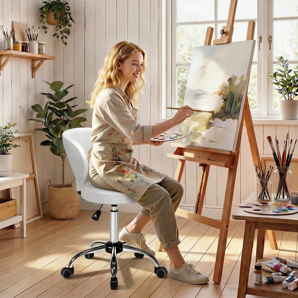 HOMCOM Taburet cu roți, taburet de masaj din PU cu înălțime reglabilă 73-88 cm și spătar, pivotant 360°, alb | Aosom Romania