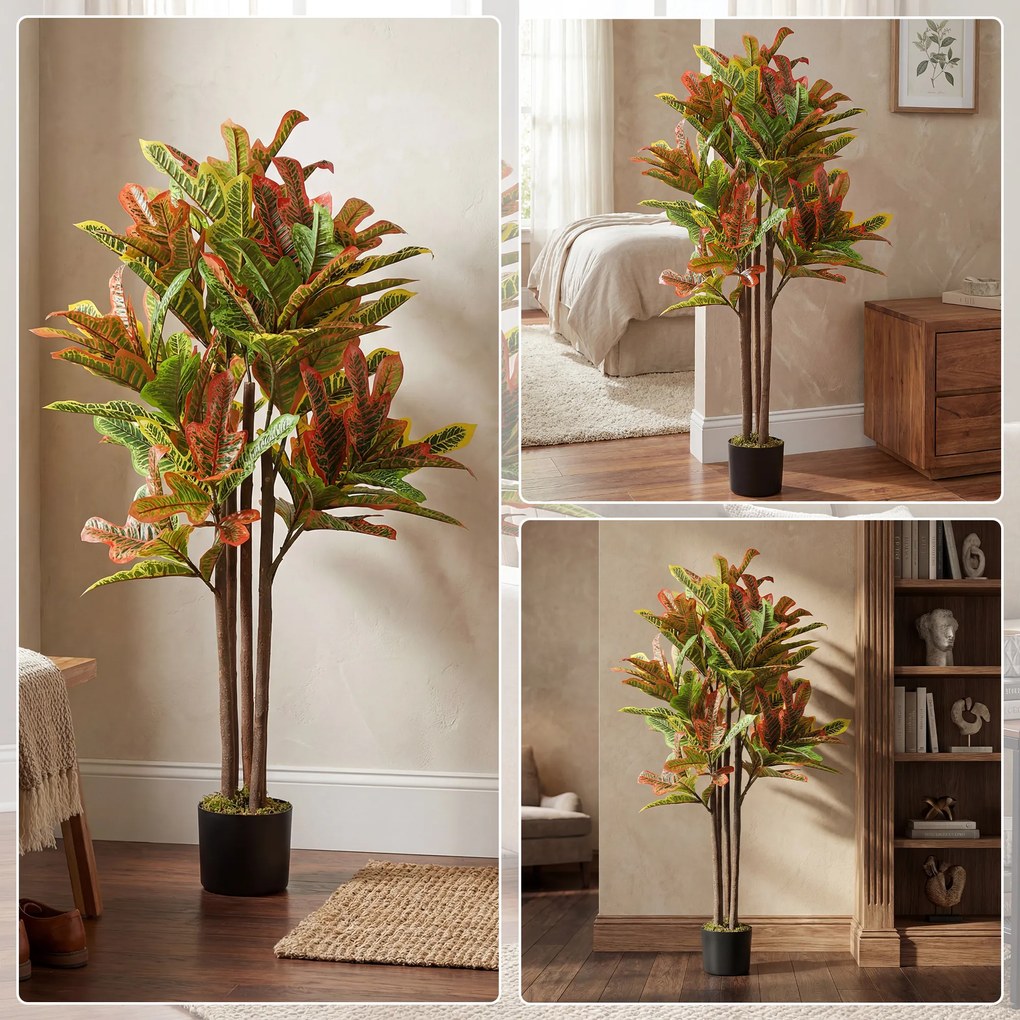 HOMCOM Plantă Artificială Croton cu 139 Frunze Modelabile și Ghiveci Alb din PP și Ciment, Plantă Falsă din PEVA și Lemn, 55x55x120 cm, Multicolor | Aosom Romania
