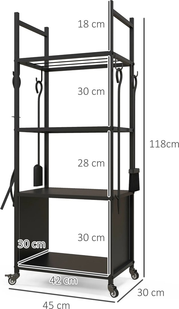 Outsunny Suport pentru Lemne de Foc de Interior și Exterior cu Roți și 4 Ustensile, cu Lopățică, Vătrai, Perie și Clește, Metal, 45 x 30 x 118 cm, Negru | Aosom Romania