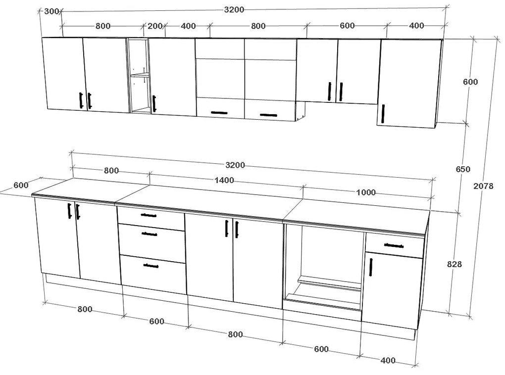 Set Bucatarie Karo V28, Lemn Natural/Alb, Blat Thermo 28 mm, L 320 cm