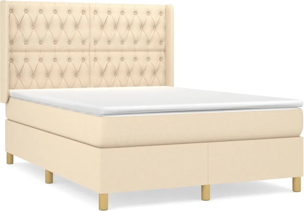 vidaXL Pat box spring cu saltea, crem, 140x200 cm, textil