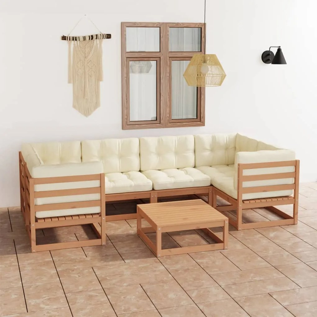 3077302 vidaXL Set mobilier grădină perne, 7 piese, maro miere lemn masiv pin