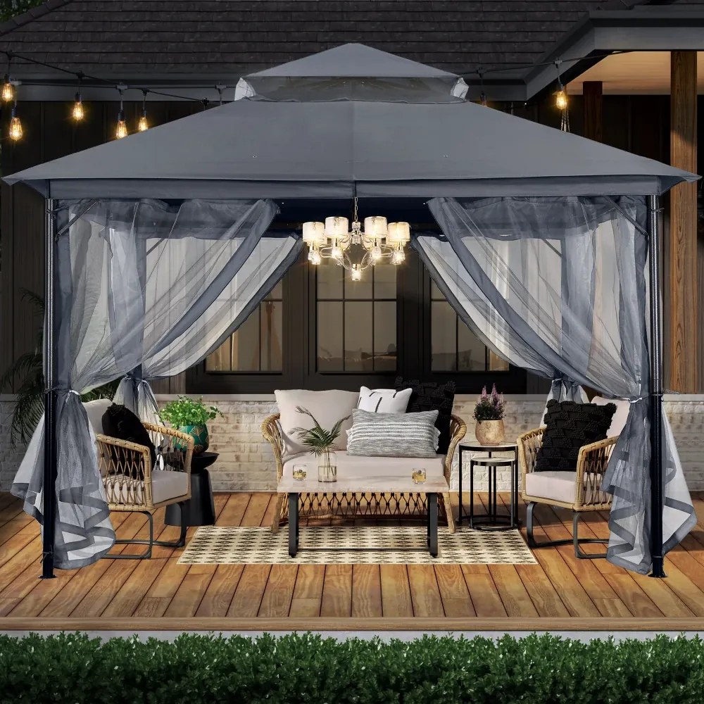 ABCCANOPY Foișor de gradina 3.3x3.9 m - Foișor exterior cu cadru din oțel și plasă de țânțari pentru gazon, curte, grădină, terasă, Gri