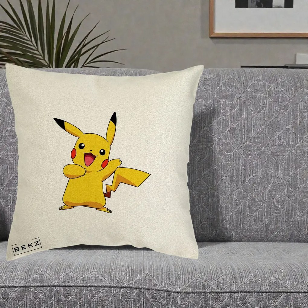 Perna Personalizata Pikachu Fericit, 40x40 cm, Ecru, Husa Detasabila, Perna Inclusa, BEKZ®