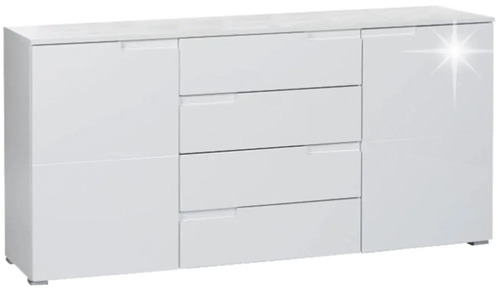 Comoda spatioasa cu sertare si usi frezate, din mdf superlucios alb, 165 cm , Bortis alb mat fin/alb lucios mdf fatada usi sertare