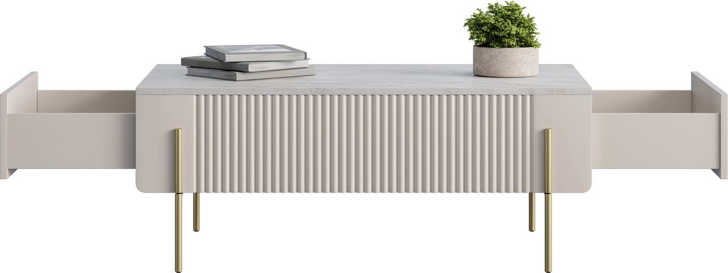 Măsuță de cafea Malmi 100 cm cu sertare - kaszmir / crema bianca / picioare aurii