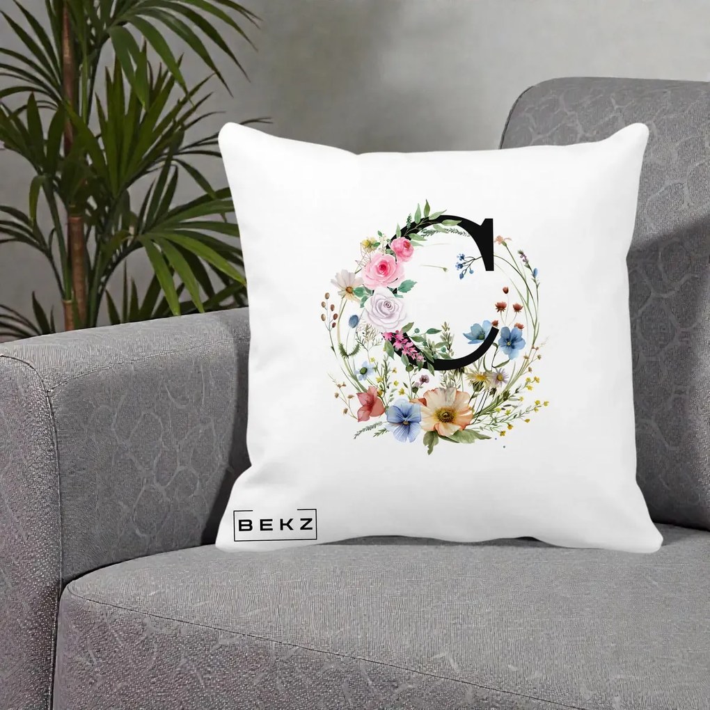 Cadou Personalizat - Perna Personalizata Monogram Litera C cu Flori Acuarela, 40x40 cm, Alba Mata, Husa Detasabila, Perna Inclusa, BEKZ®