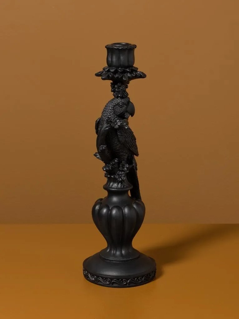 Sfeșnic din rășină cu papagal pe piedestal sculptat, negru antichizat-auriu, finisaj patinat, 33,5×11 cm, „Perroquet"