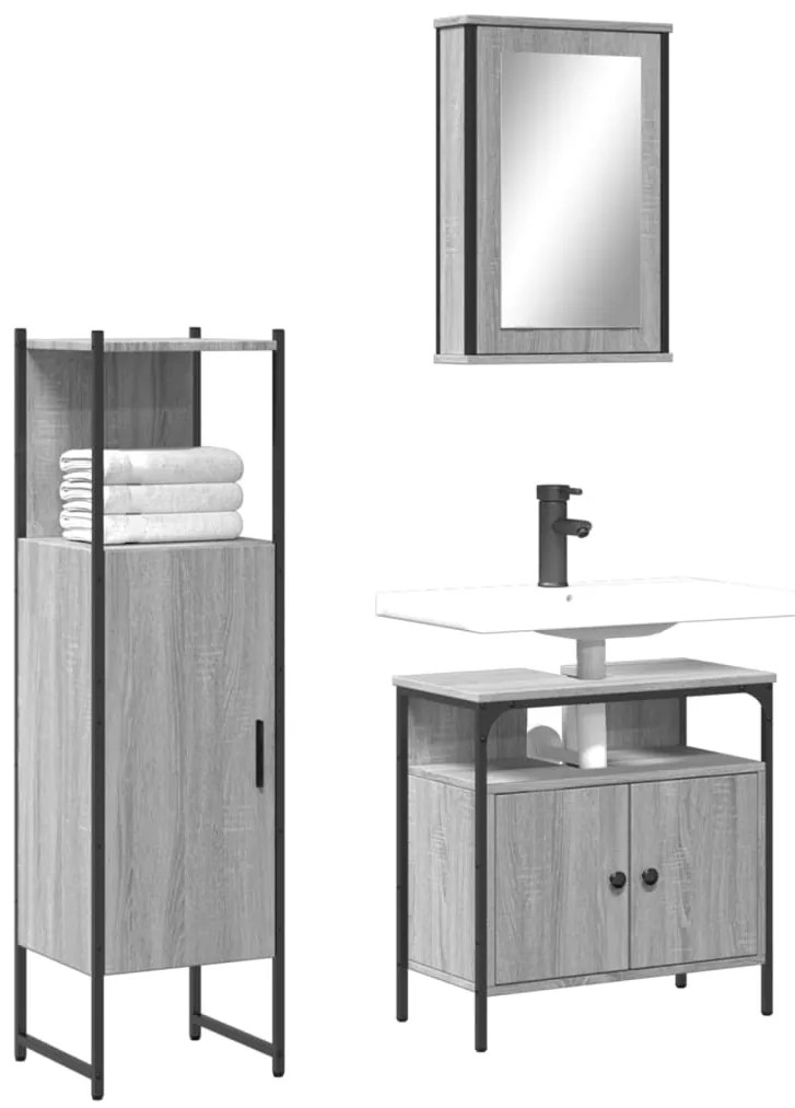 vidaXL Set mobilier de baie, 3 piese, gri sonoma, lemn prelucrat