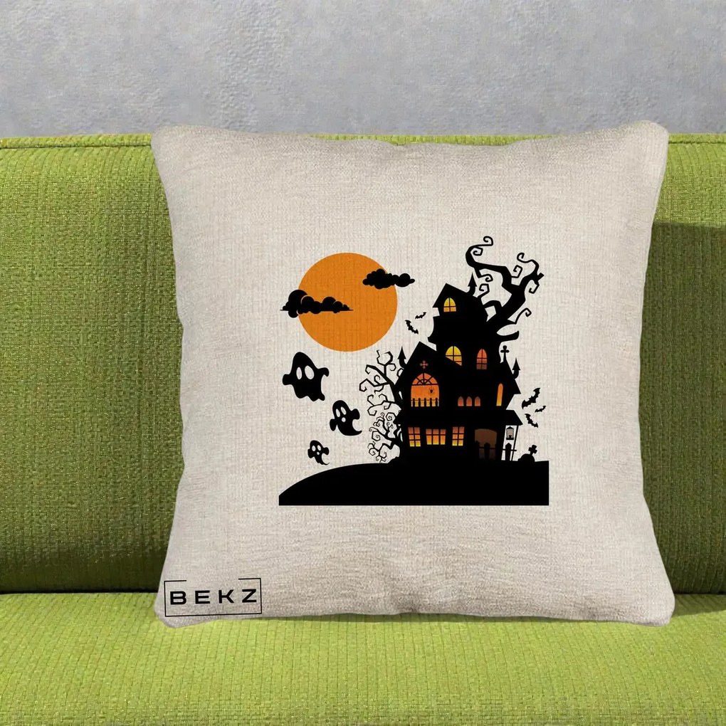 Perna Decorativa Halloween Casa Bantuita cu Fantome, 40x40 cm, Bej Canapea, Husa Detasabila, Perna Inclusa, BEKZ®