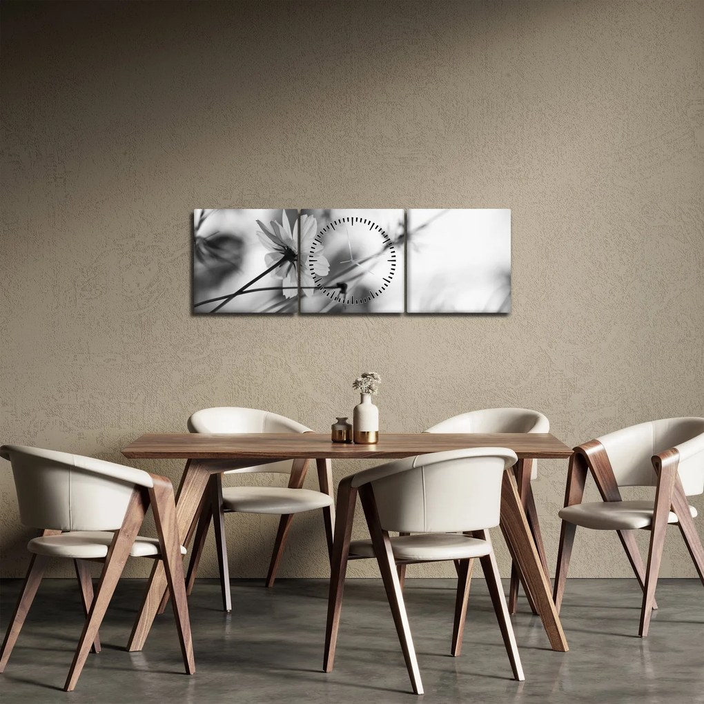 Tablou - Flori alb-negru (cu ceas) (90x30 cm)