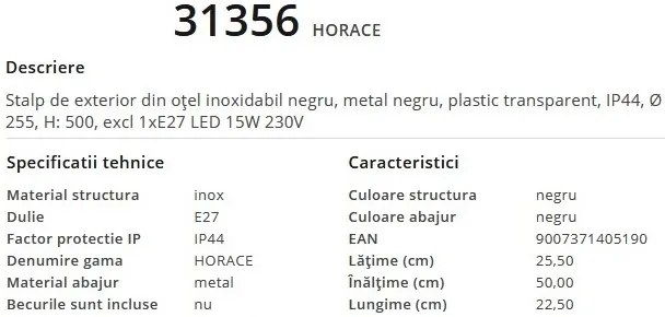 Stalp mic pentru iluminat exterior design modern, IP44 HORACE 31356 GL