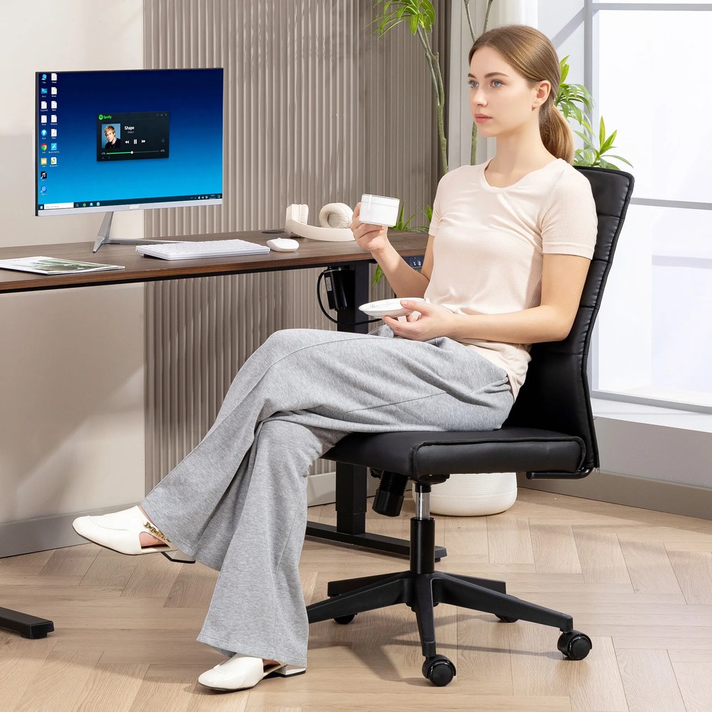 Scaun de birou ergonomic și ajustabil HOMCOM cu spătar curbat, din piele PU și oțel, 58x53x97-107 cm, Negru | Aosom Romania