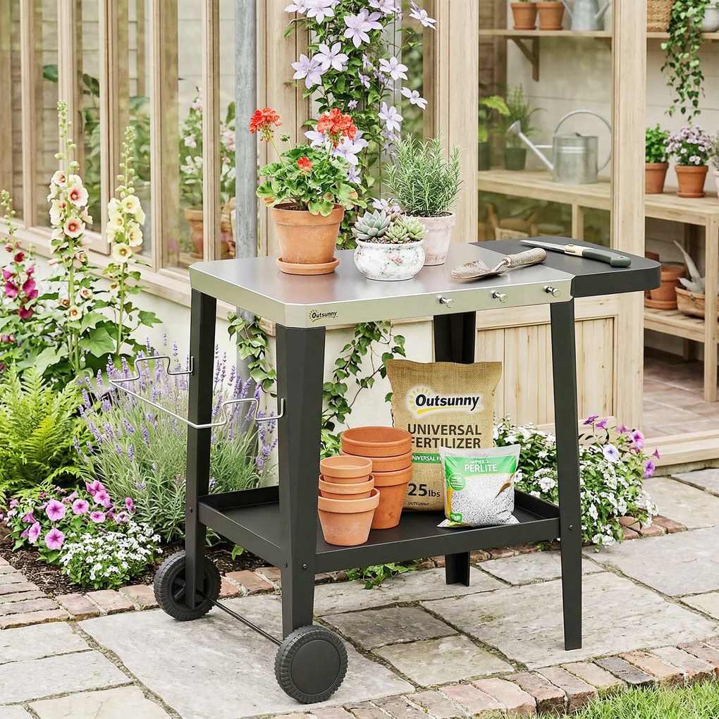 Outsunny Cărucior de bucătărie cu roți cărucior de servire cu cârlige, suport pentru role de hârtie și prosoape, oțel inoxidabil, 115 x 67,5 x 80,5 cm Negru | Aosom Romania