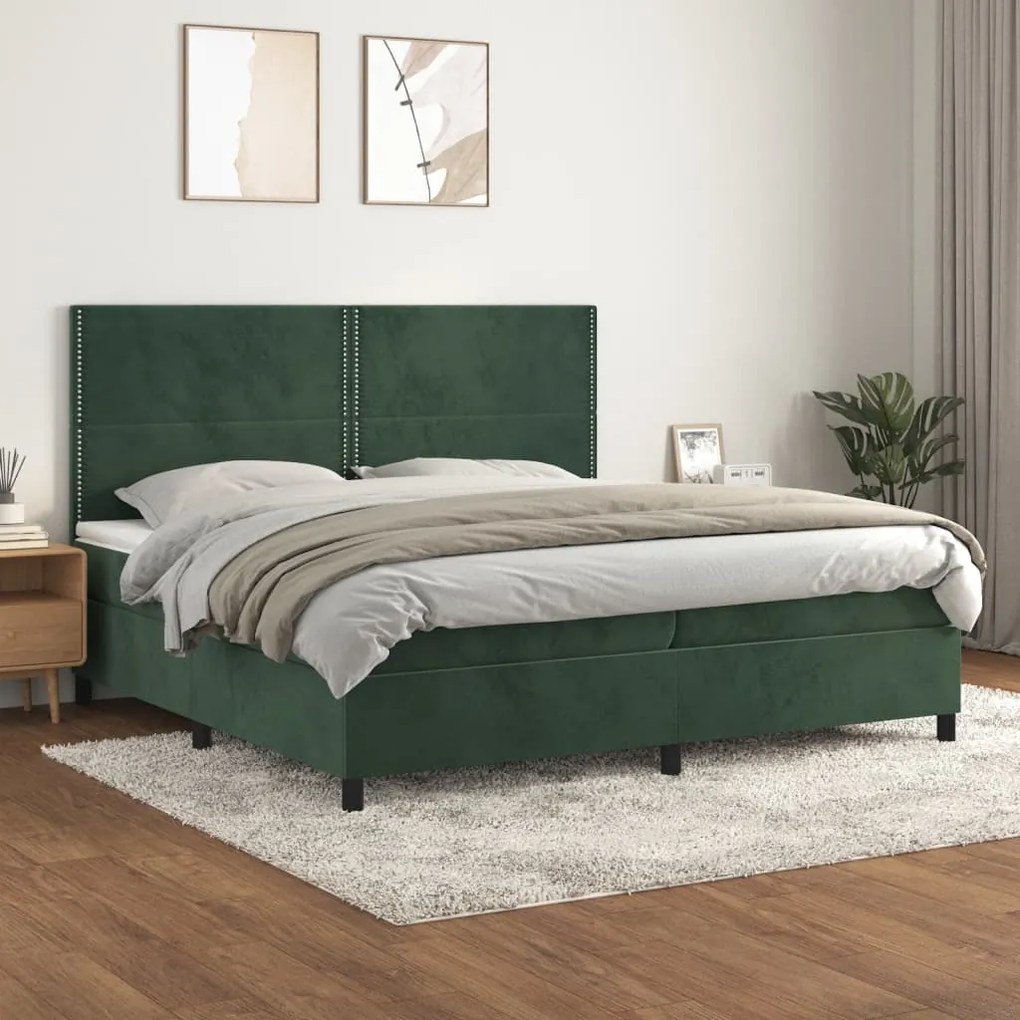 Pat box spring cu saltea, verde inchis, 200x200 cm, catifea Verde inchis, 200 x 200 cm, Culoare unica si cuie de tapiterie