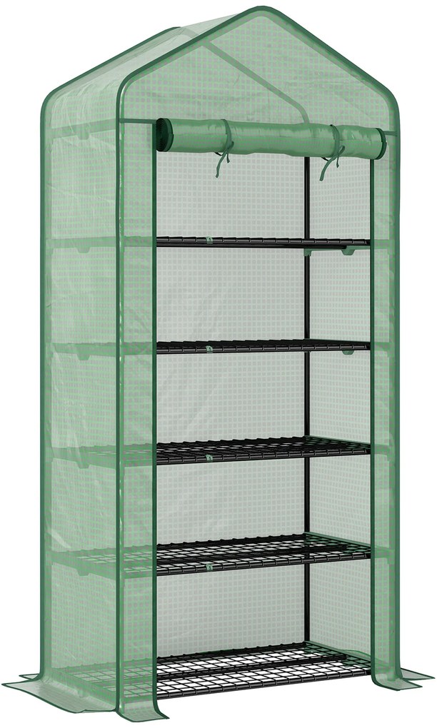 Outsunny Seră Mini pe 5 Niveluri cu Husă Ranforsată, Seră Portabilă cu Ușă Rulabilă și Rafturi de Sârmă, 193x90x49 cm, Verde | Aosom Romania