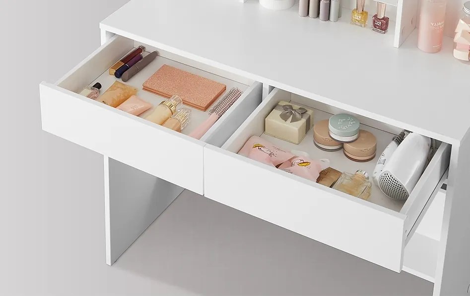 Masuta machiaj cu Oglinda LED si 2 Sertare pentru Cosmetice, Set Masa toaleta 90 cm, Alb, masuta cosmetica, vanity cu sau fara Priza, cu sau fara