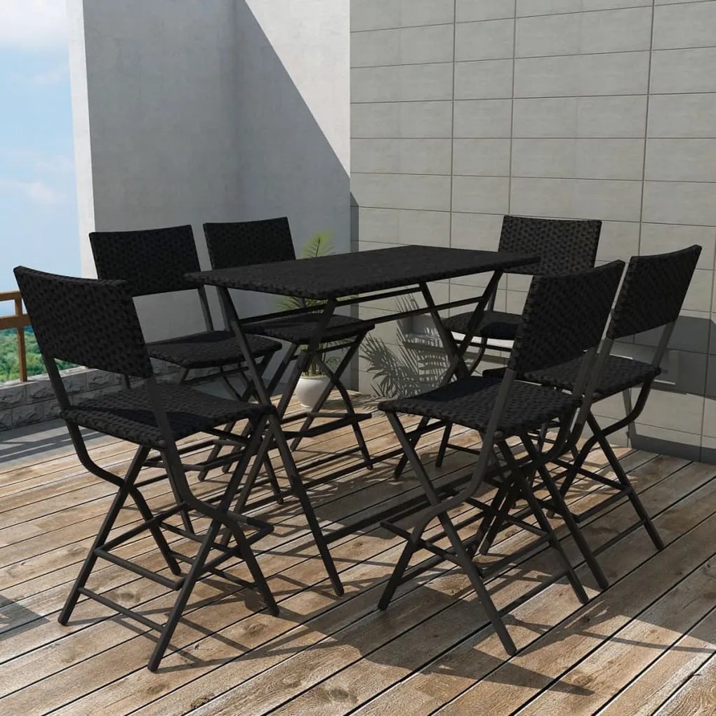 42878 vidaXL Set mobilier exterior pliabil, 7 piese, negru oțel, poliratan