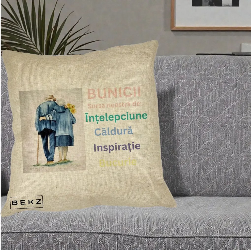 Cadou pentru Bunici - Perna Personalizata Bunicii Sursa Intelepciune Caldura Acuarela, 40x40 cm, Crem, Husa Detasabila, Perna Inclusa, BEKZ®