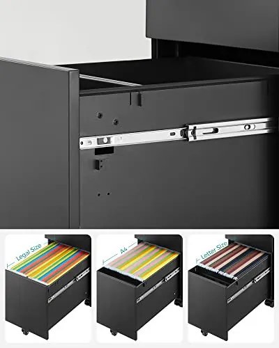Corp mobil de birou / rollbox cu 3 sertare si cheie, metal, negru, Songmics