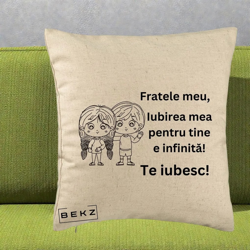 Cadou pentru Frate - Perna Personalizata Fratele Meu Te Iubesc Copii Anime Line Art Negru, 40x40 cm, Bej, Husa Detasabila, Perna Inclusa, BEKZ®