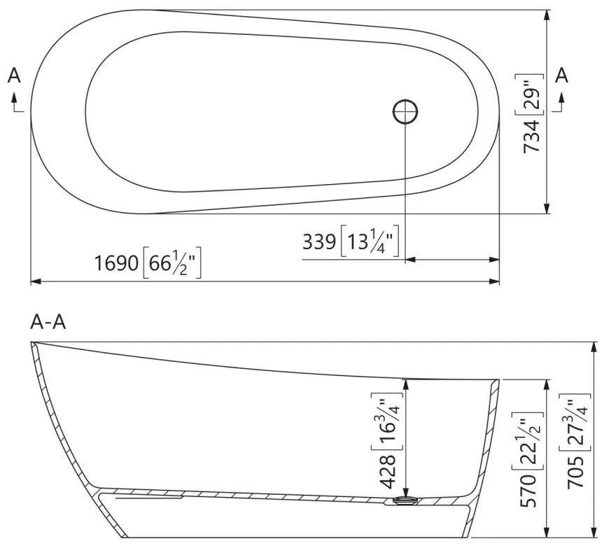 Cada freestanding compozit, 170 x 73 cm, ovala, alb lucios, Foglia Viva