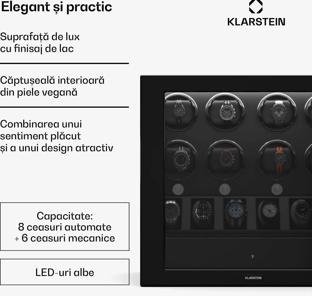 Klarstein Dispozitiv de întors ceasuri ChronoVault, 8+6 ceasuri, vegan, lucios, 4 moduri, Motor Mabuchi, LED, priză