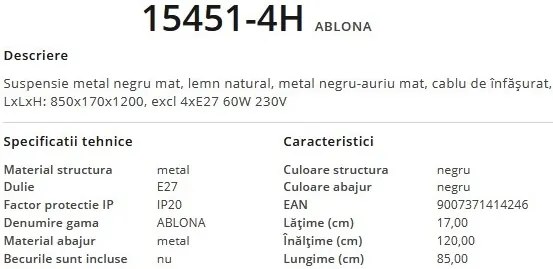 Lustra suspendata design modern ABLONA lemn 15451-4H GL