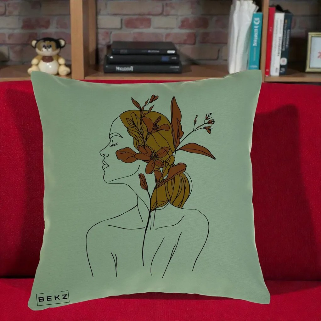 Perna Decorativa Portret Feminin Crin Ruginiu Auriu, 40x40 cm, Verde, Husa Detasabila, Perna Inclusa, BEKZ®