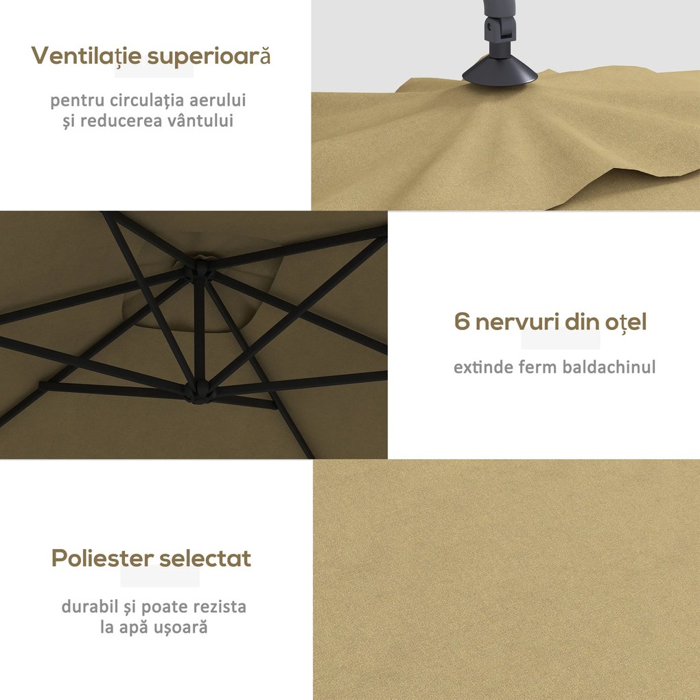 Outsunny Umbrelă Suspendată cu Orificii de Ventilaţie, Bază în Cruce şi Manivelă, 3x2 m, Maro | Aosom Romania