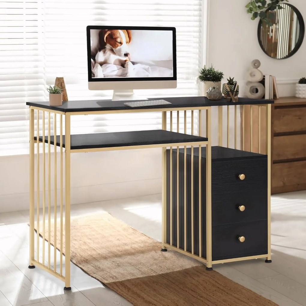 BIAU201 - Birou 109 cm, Masa Manichiura, masa de calculator cu 3 sertare, office, Imitatie de Marmura - Alb / Negru - Auriu