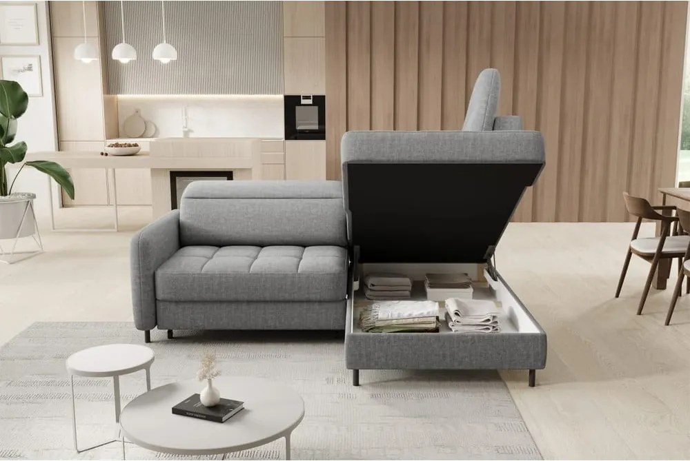 Colțar gri extensibil/cu spațiu de depozitare cu tapițerie din catifea (cu colț pe partea dreaptă/în formă de ”L”) Barea – ELTAP